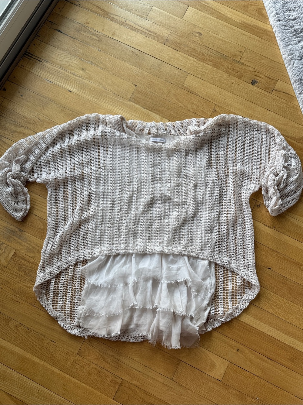 Made in Italy Light Pink Open-Knit Layered Ruffle Hem Women's Top
